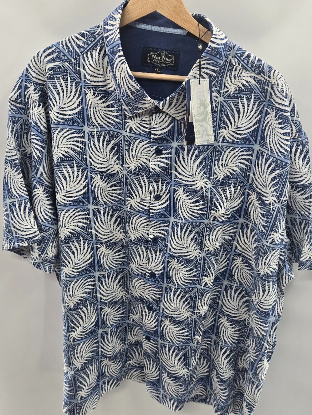 Nat Nast Blue White Palm Leaf Silk Cotton Short Sleeved Button Down Shirt XXL